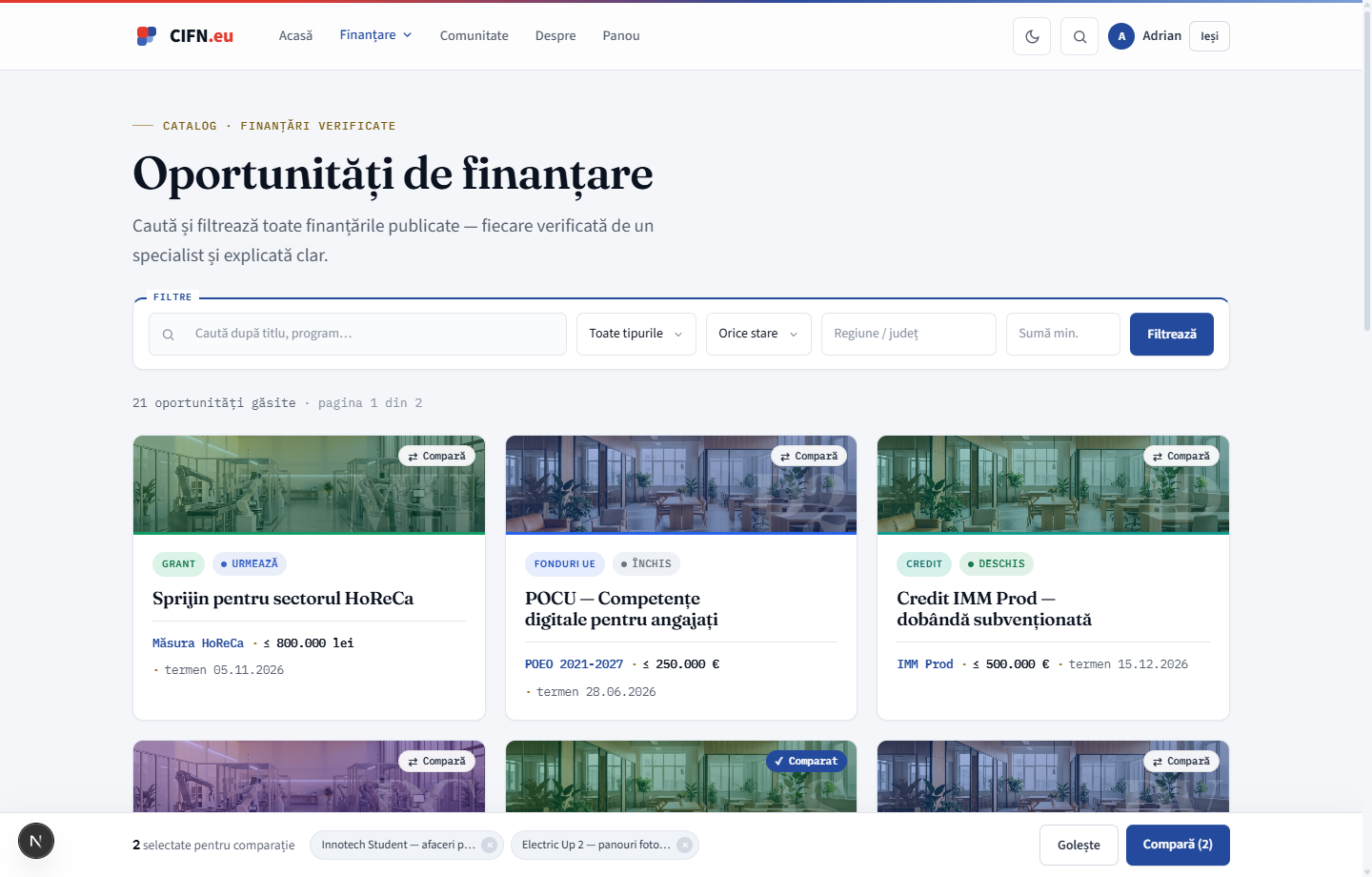 Catalogul CIFN — oportunități de finanțare filtrabile după tip, stare, regiune și sumă